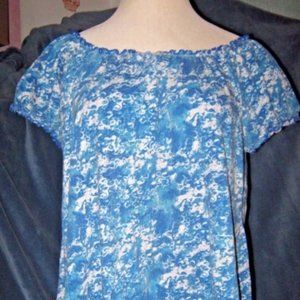 Blue White Floral Elastic Boat Neck & Sleeve Top